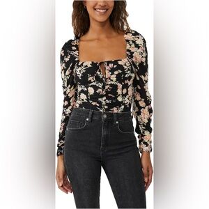 NWT, Free People Black Combo Hilary Printed Keyhole Neck Top, Sz XS